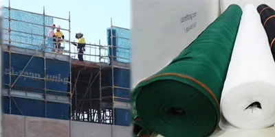 Construction debris netting on scaffolding