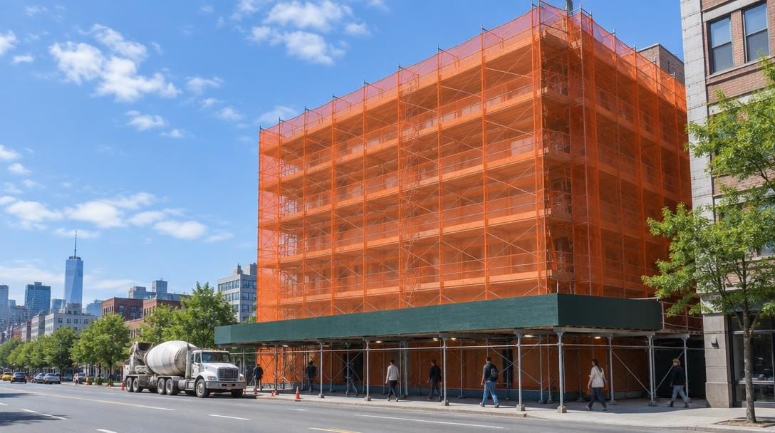 Illustration of a six-story building wrapped in orange construction debris netting over a covered sidewalk