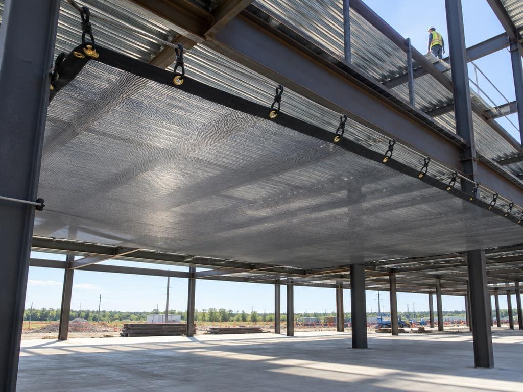 Illustration of a horizontal fine-mesh debris net rigged flat beneath an elevated steel deck on a construction site