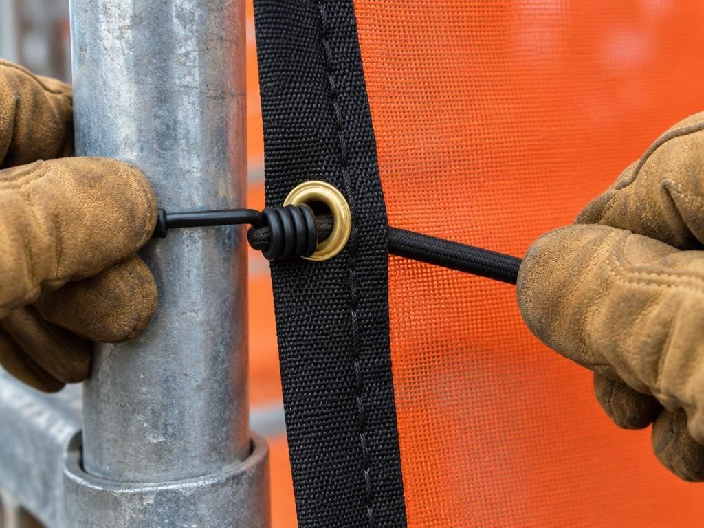 Illustration of gloved hands hooking a bungee clip through a brass grommet on the webbing border of an orange debris net panel