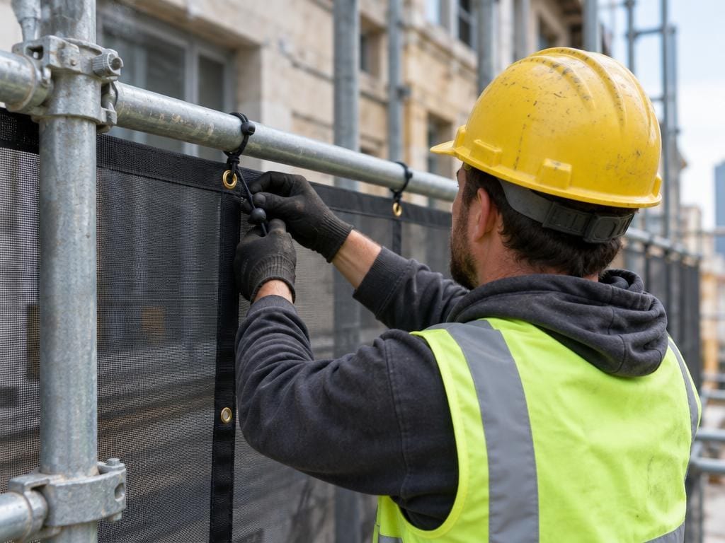 Illustration of a worker clipping a black fine-mesh debris net panel to a scaffold frame through its grommets