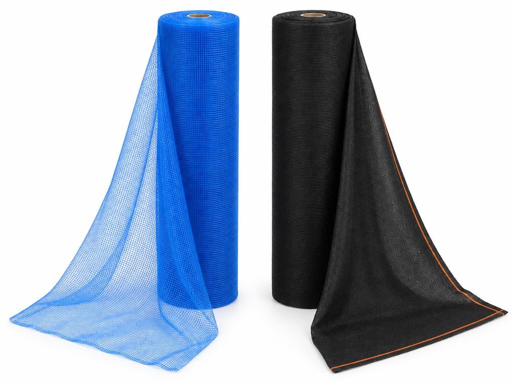 Illustration of the standard duty (blue, 1/4 inch mesh) and heavy duty (black, 1/16 inch mesh) fire-retardant debris netting rolls side by side